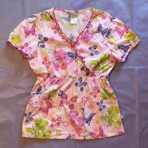 Cherokee Studio B Butterflies Flowers Scrub Top Size Small